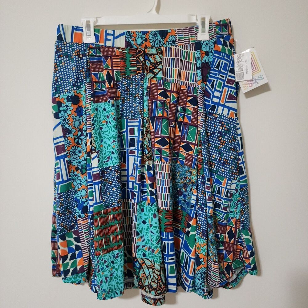 NWT LuLaRoe Madison Pleated Skirt XL Green Blue Orange Colorful Jersey Pockets